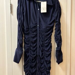 Zara Blue Ruched Bodycon Dress with Notched Collar